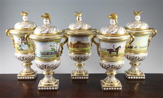 Five Coalport commemorative urns and covers, 32cm